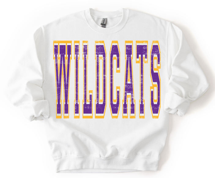 WILDCATS PUPRLE AND YELLOW GOLD VARSITY STYLE
