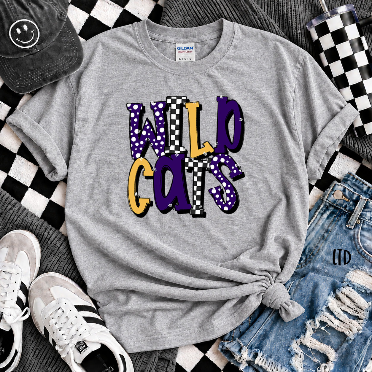 Dot Dot Check Mix Mascots Wildcats Purple Yellow Gold design