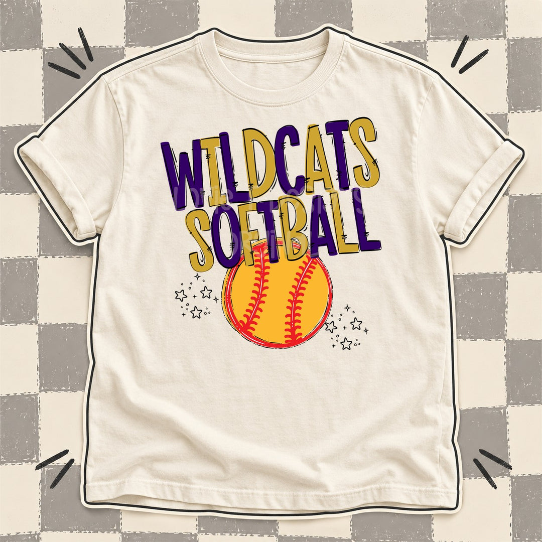 Wildcats Purple Vegas Gold Team Go Softball Mascots DTF transfer mockup