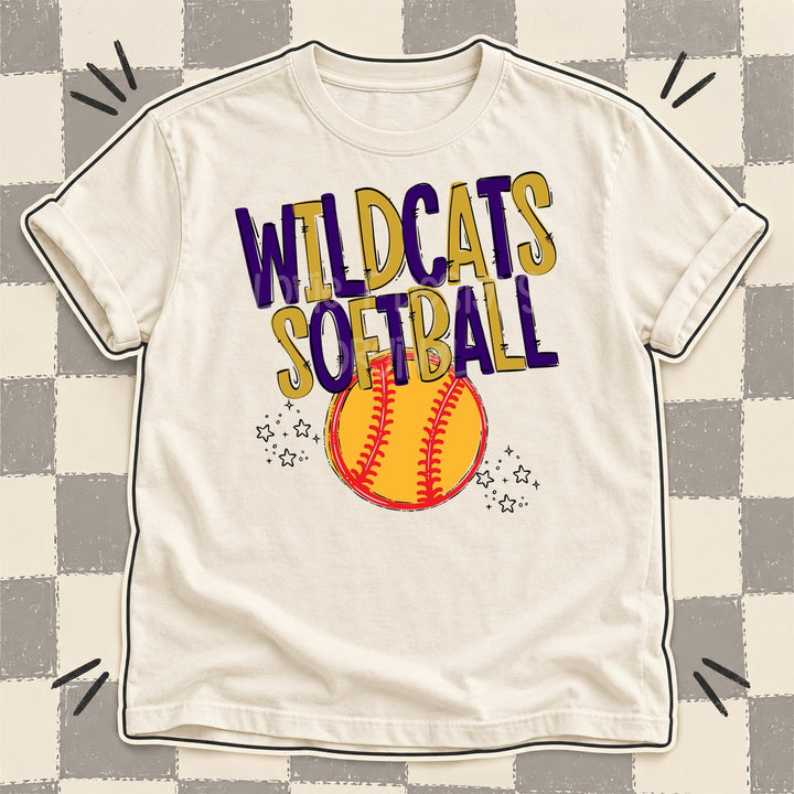 Wildcats Purple Vegas Gold Team Go Softball Mascots DTF transfer mockup