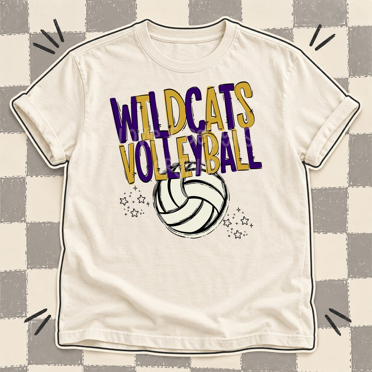 Team Go Volleyball Mascots Wildcats Purple Vegas Gold design