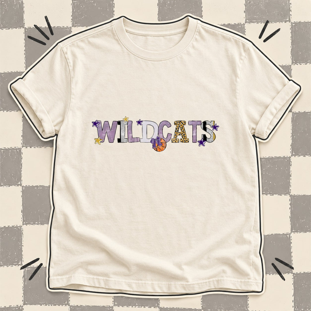 Wildcats Purple Vegas Gold White Mixed Doodle Basketball Mascots – Mascot Colors DTF transfer mockup