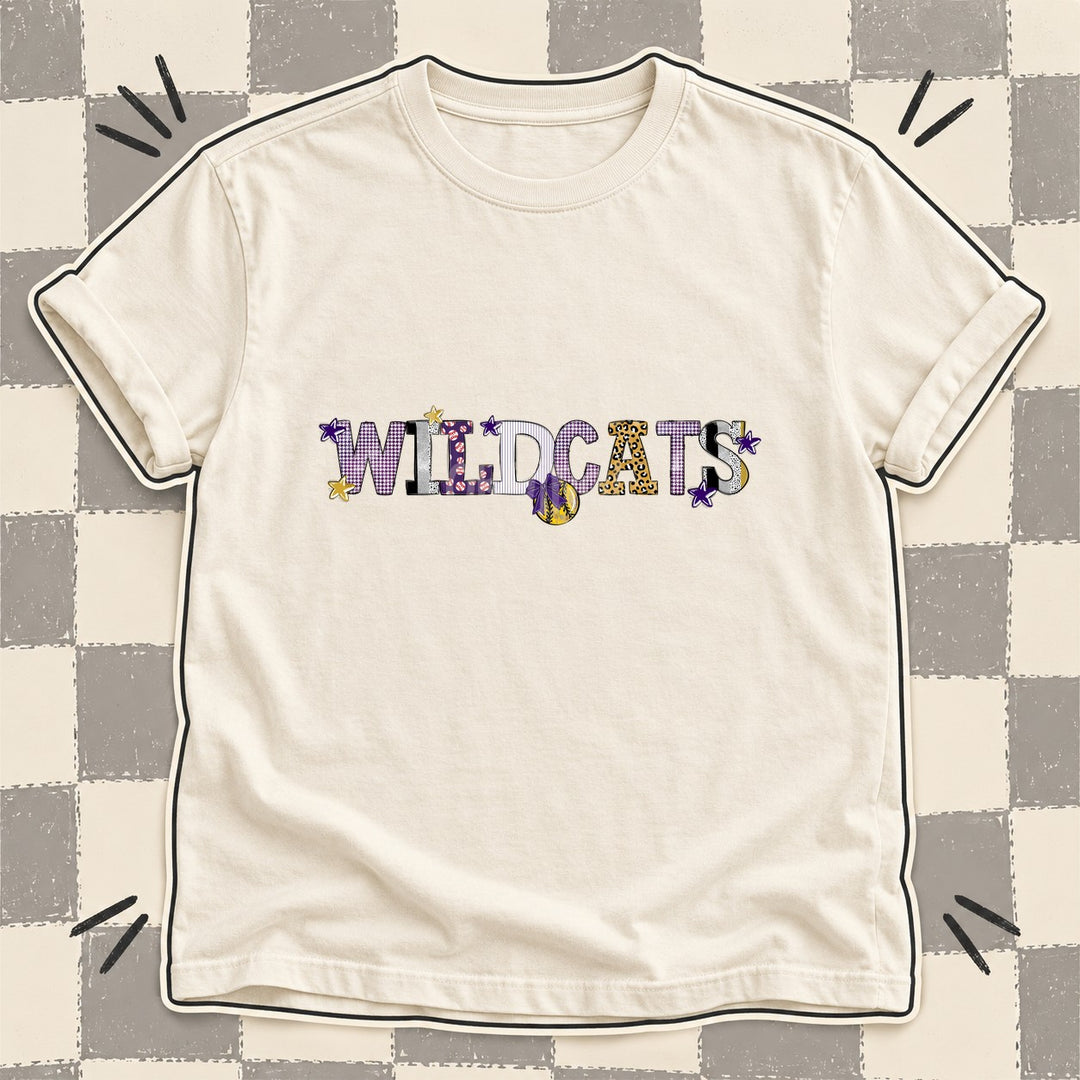 Wildcats Purple Vegas Gold White Mixed Doodle Softball Mascots – Mascot Colors DTF transfer mockup