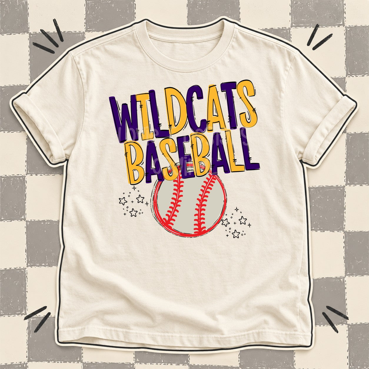 Team Go Baseball Mascots Wildcats Purple Yellow Gold design