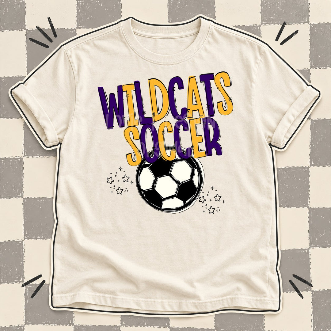 Wildcats Purple Yellow Gold Team Go Soccer Mascots DTF transfer mockup