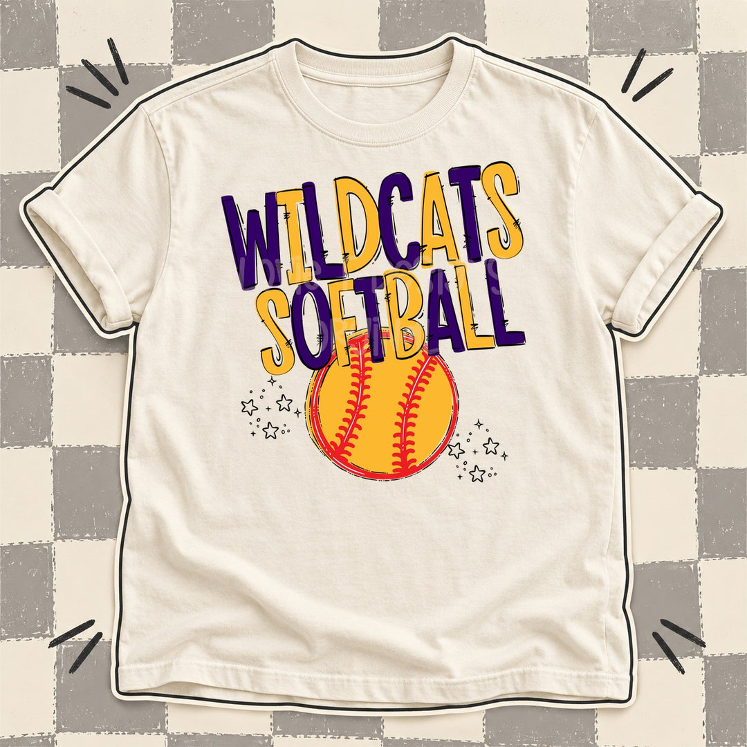 Wildcats Purple Yellow Gold Team Go Softball Mascots DTF transfer mockup