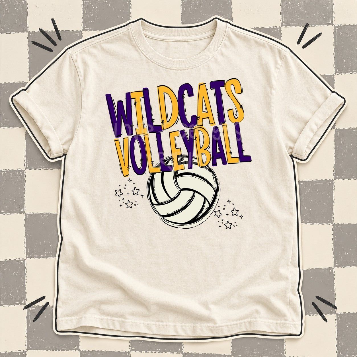 Team Go Volleyball Mascots Wildcats Purple Yellow Gold design