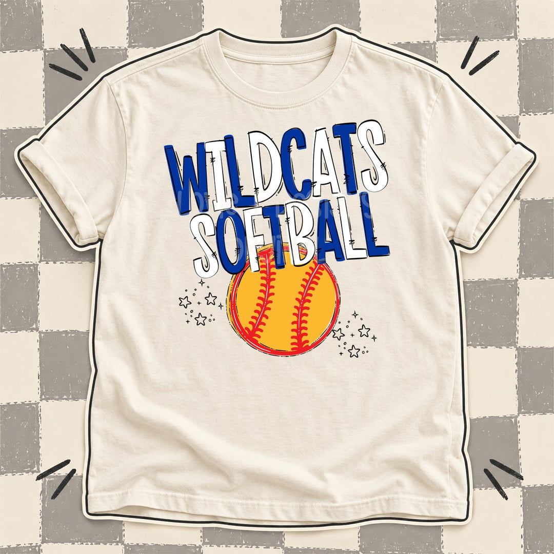 Wildcats Royal Blue White Team Go Softball Mascots DTF transfer mockup