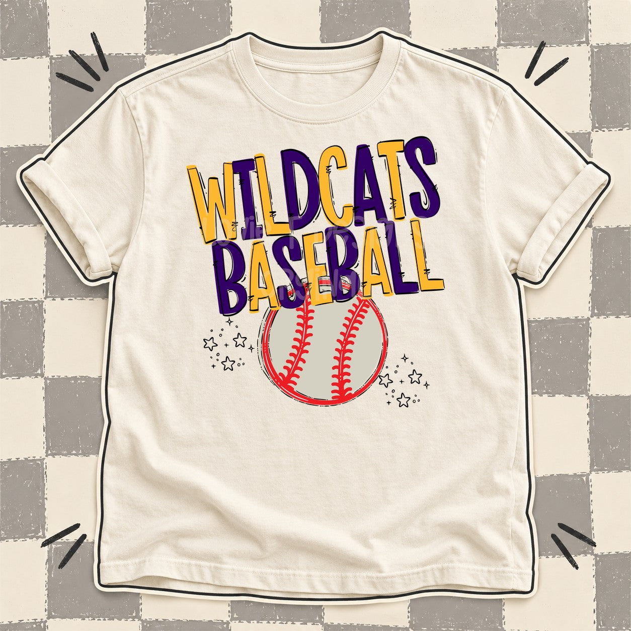 Team Go Baseball Mascots Wildcats Yellow Gold Purple design