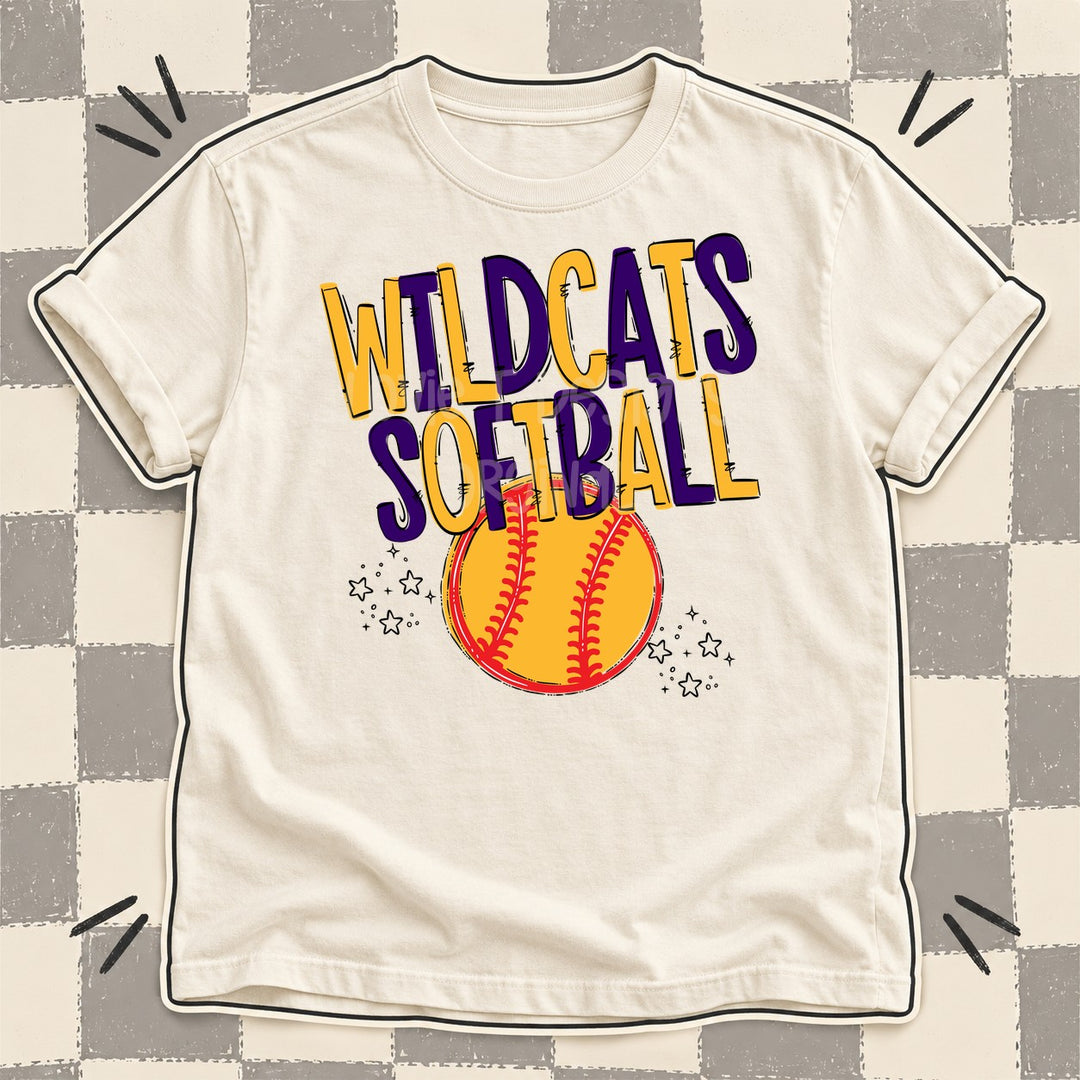 Wildcats Yellow Gold Purple Team Go Softball Mascots DTF transfer mockup