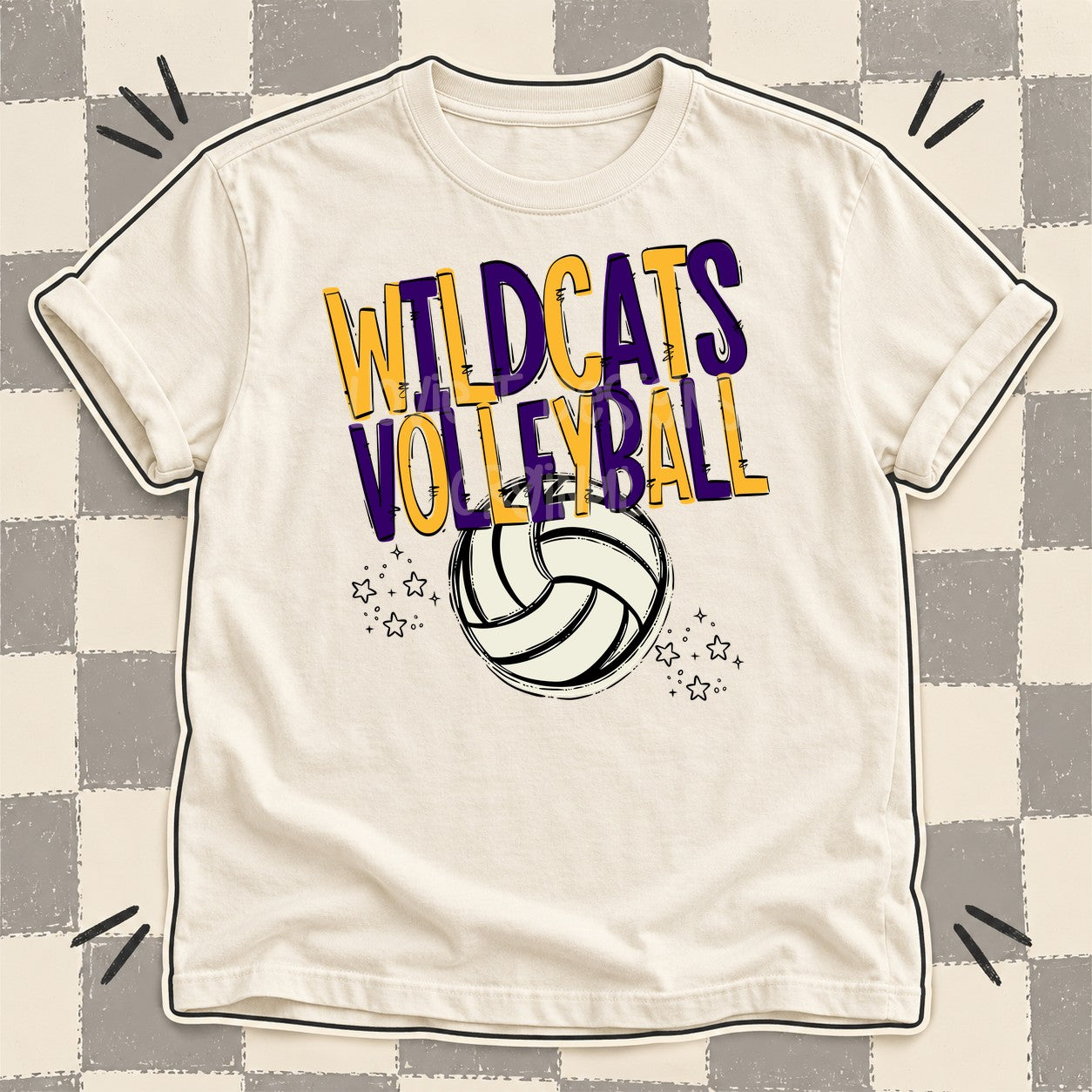Team Go Volleyball Mascots Wildcats Yellow Gold Purple design