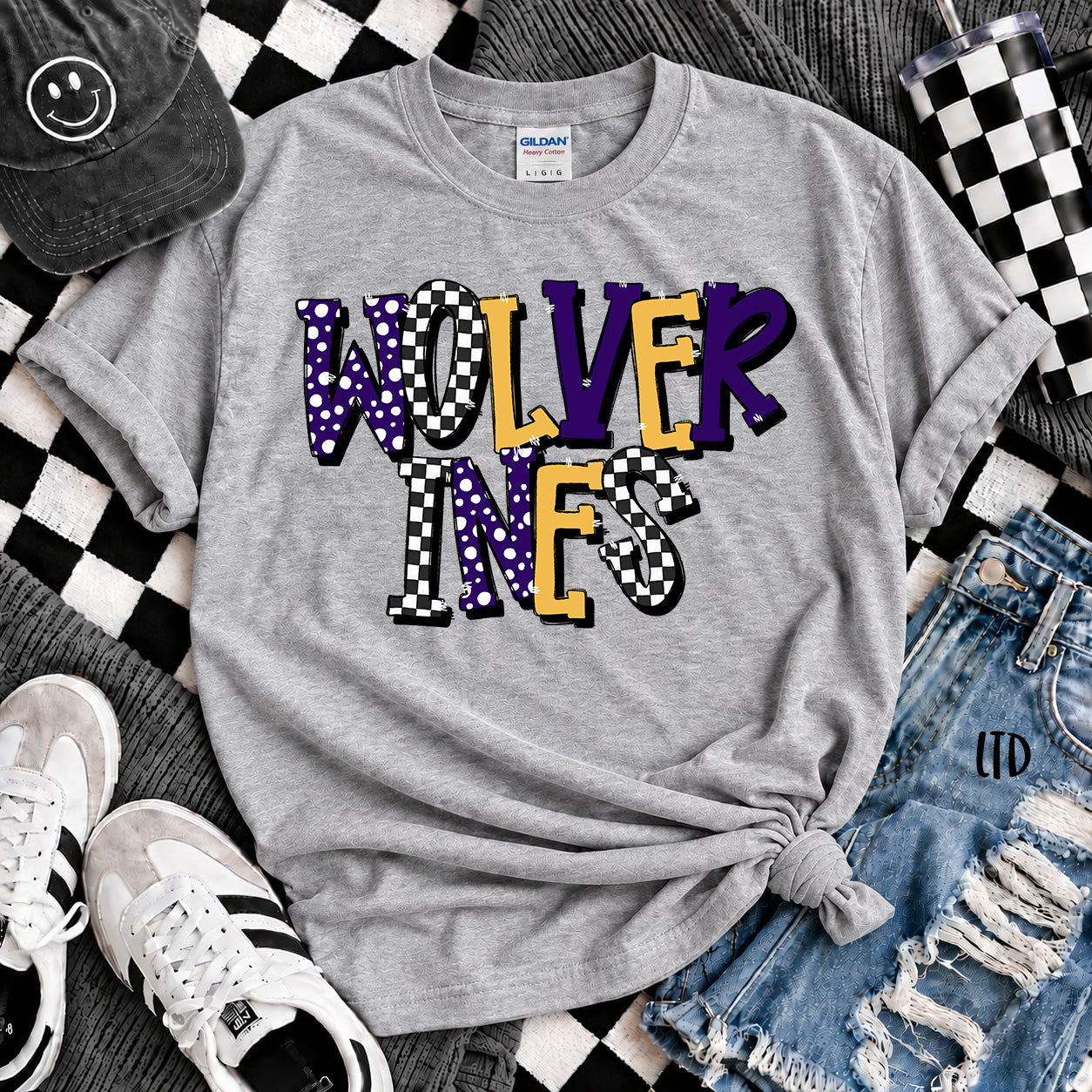 Dot Dot Check Mix Mascots Wolverines Purple Yellow Gold design