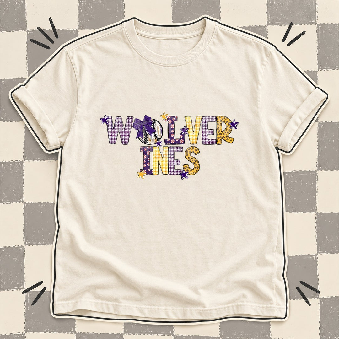 Wolverines Purple Yellow Gold Mixed Doodle Baseball Mascots – Mascot Colors DTF transfer mockup