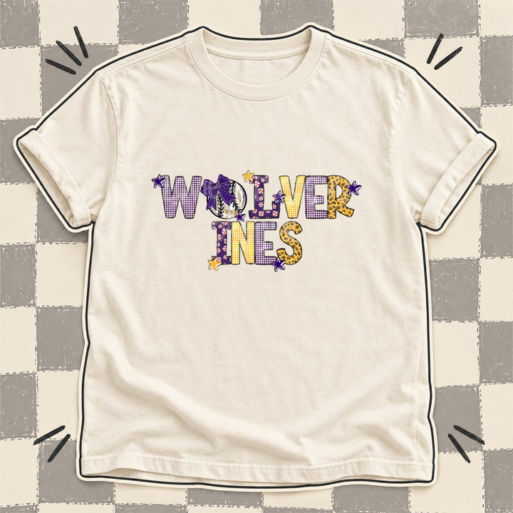 Wolverines Purple Yellow Gold Mixed Doodle Baseball Mascots – Mascot Colors DTF transfer mockup