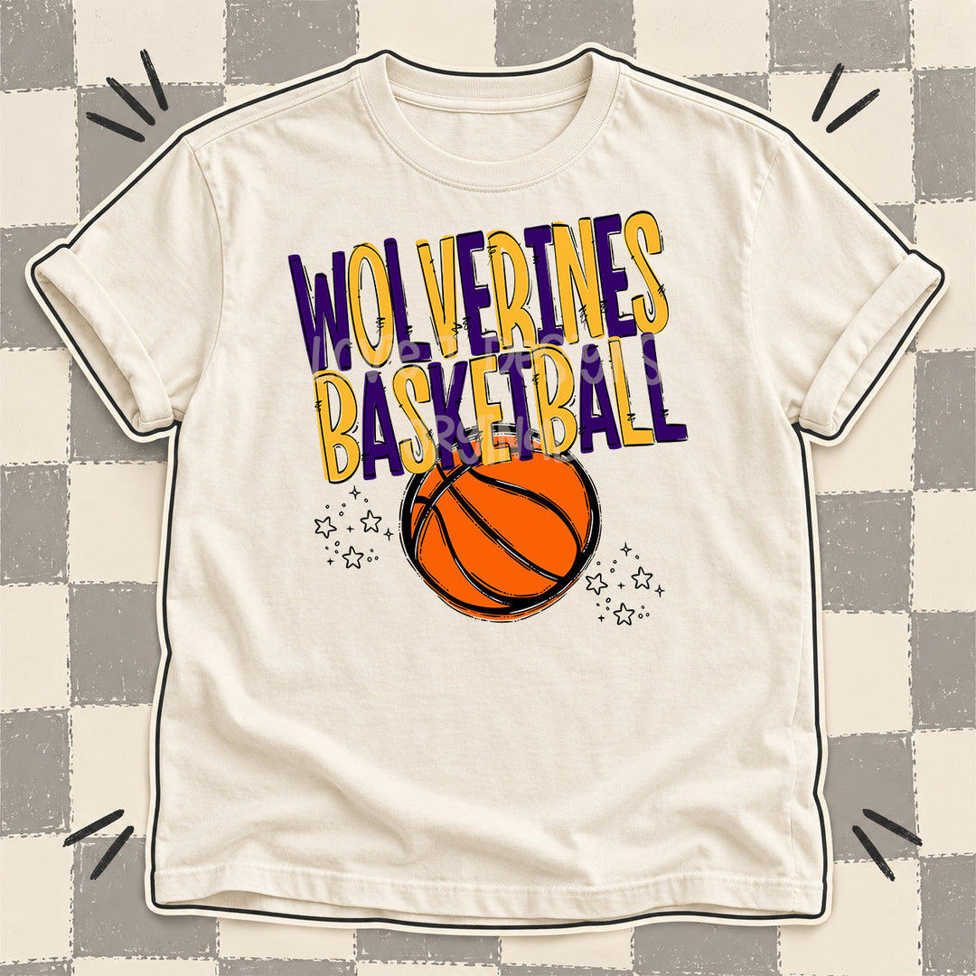 Wolverines Purple Yellow Gold Team Go Basketball Mascots DTF transfer