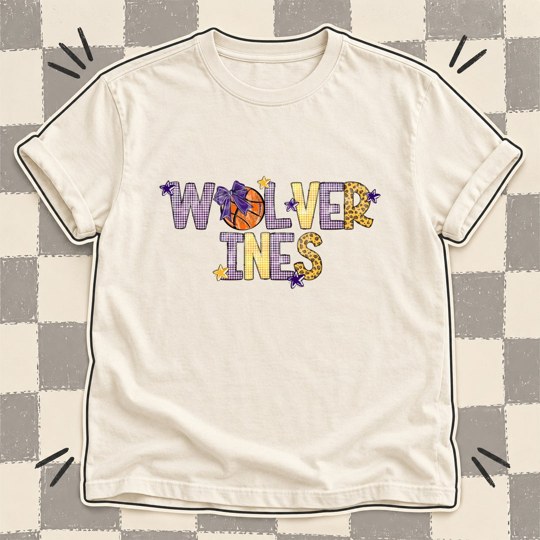 Wolverines Purple Yellow Gold Mixed Doodle Basketball Mascots – Mascot Colors DTF transfer mockup