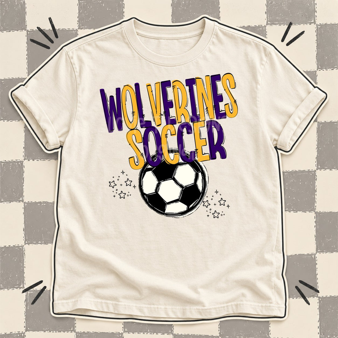 Wolverines Purple Yellow Gold Team Go Soccer Mascots DTF transfer mockup