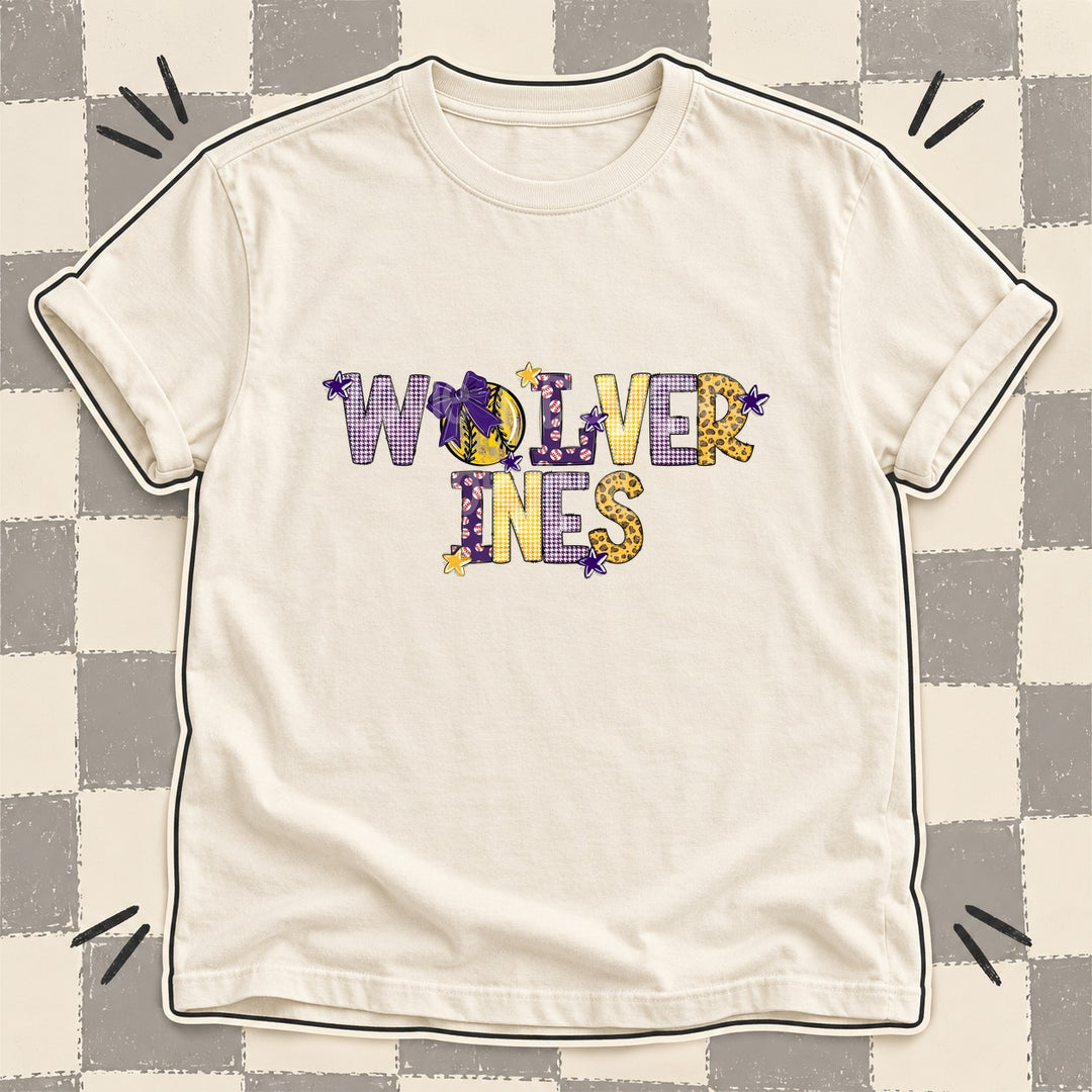 Wolverines Purple Yellow Gold Mixed Doodle Softball Mascots – Mascot Colors DTF transfer mockup