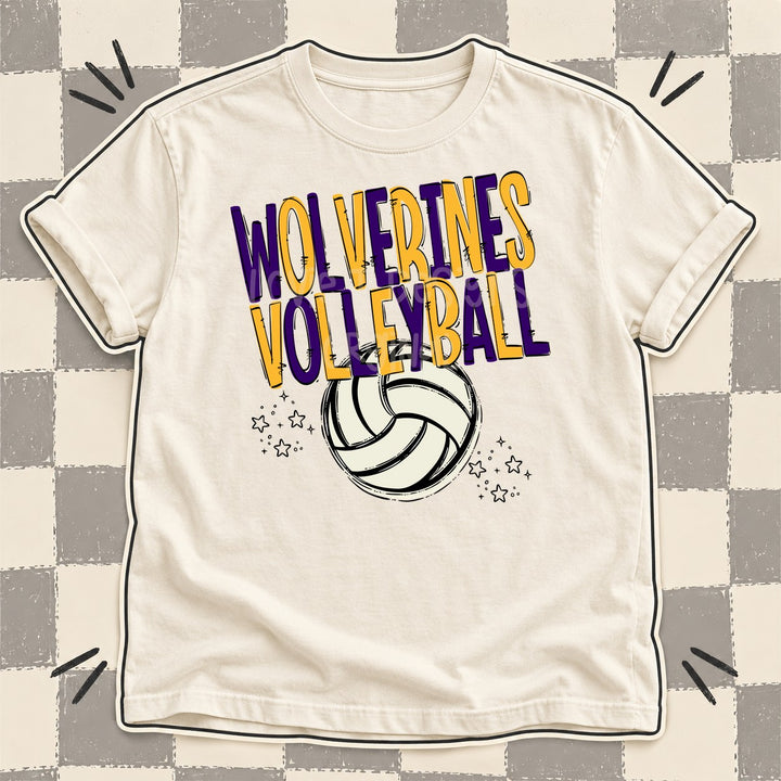 Wolverines Purple Yellow Gold Team Go Volleyball Mascots DTF transfer mockup