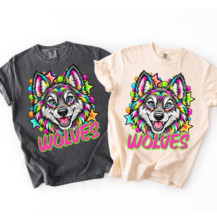 Wolves Neon Starstruck mascot DTF transfer