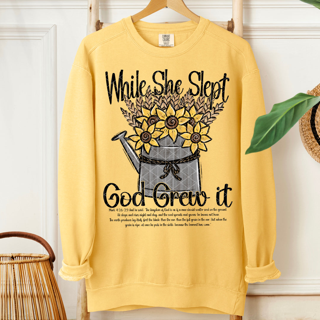 WHILE SHE SLEPT GOD GREW IT