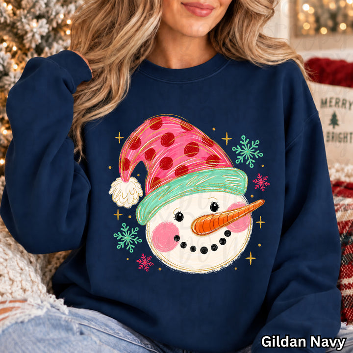 Whimsical Snowman Christmas design on a finished tee or sweatshirt – Lovie T Designs