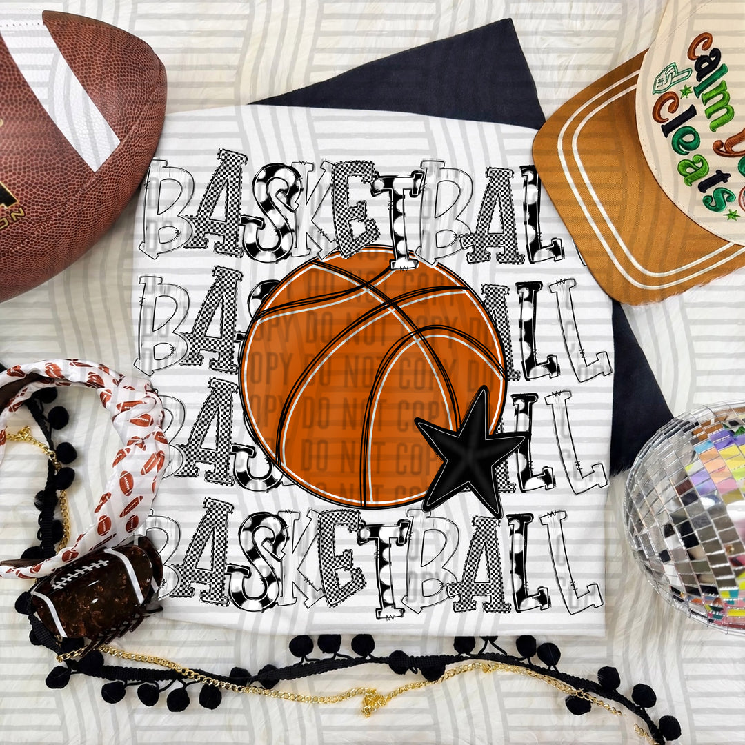 White Quad Stacked Basketball DTF transfer on a white tee