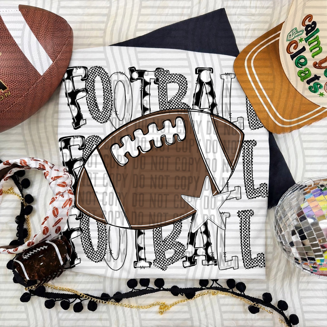 White Tri Stacked Football DTF transfer on a white tee