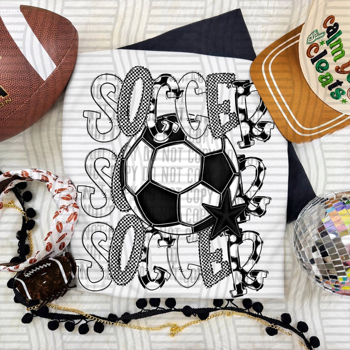 White Tri Stacked Soccer DTF transfer on a white tee