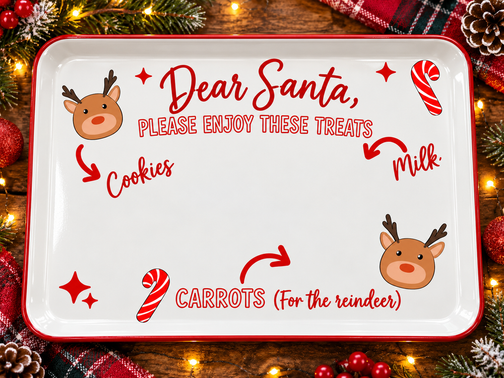 Dear Santa Please Enjoy These Treats red text design on a white enamel tray with red rim mockup