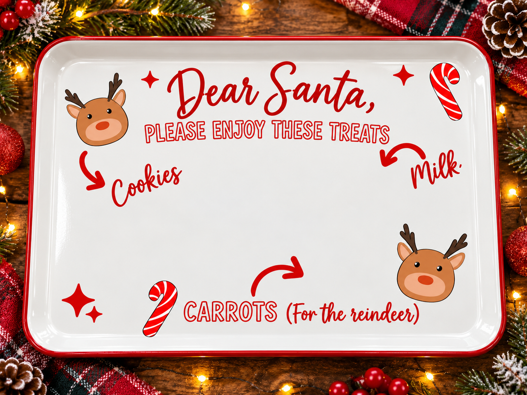 Dear Santa Please Enjoy These Treats red text design on a white enamel tray with red rim mockup
