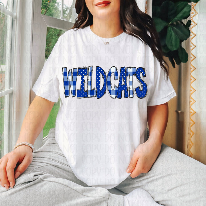WILDCATS DOODLE GINGHAM DOTS & GLITTER BLUE WHITE