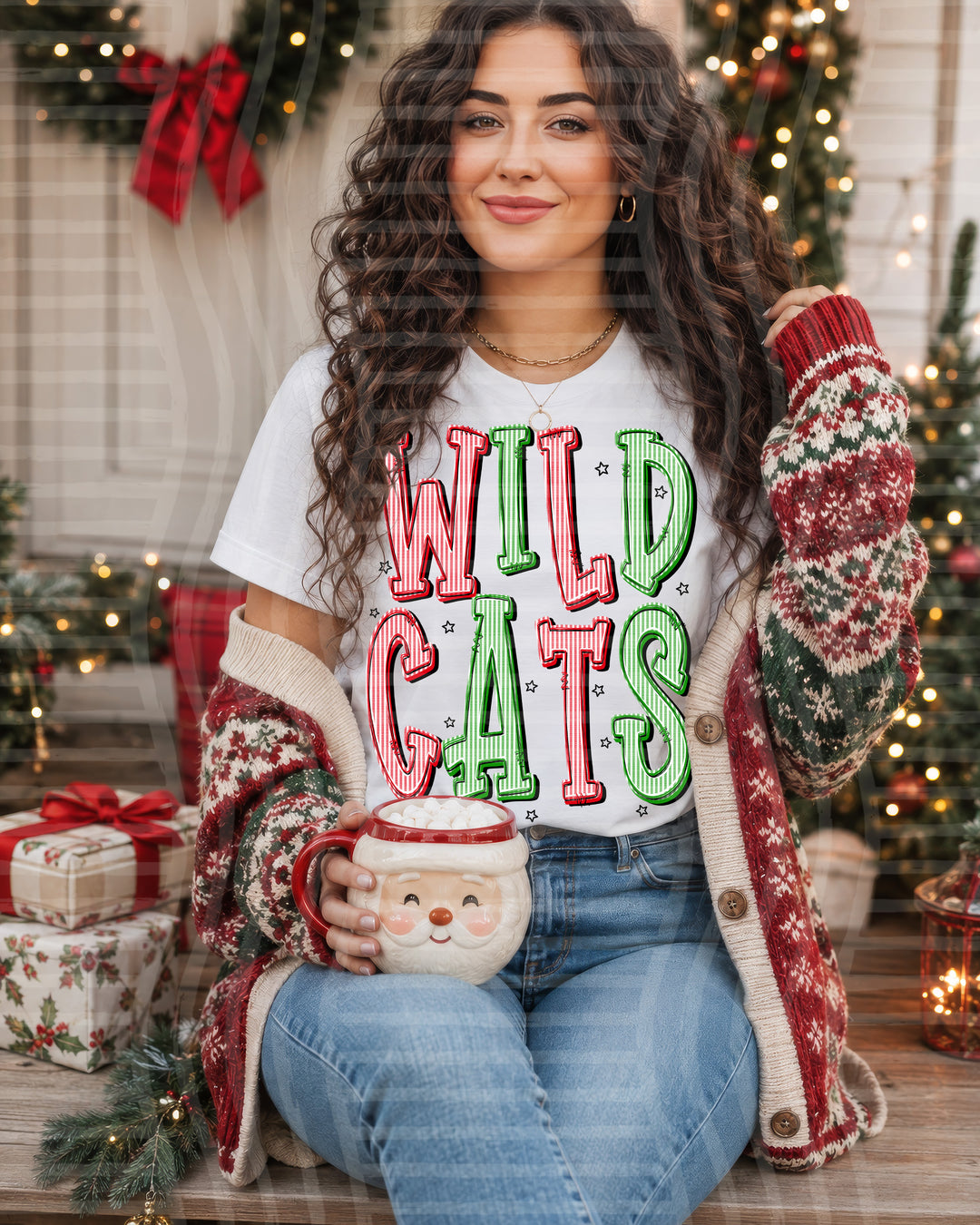 Wildcats Red and Green Christmas Seersucker Mascots DTF transfer