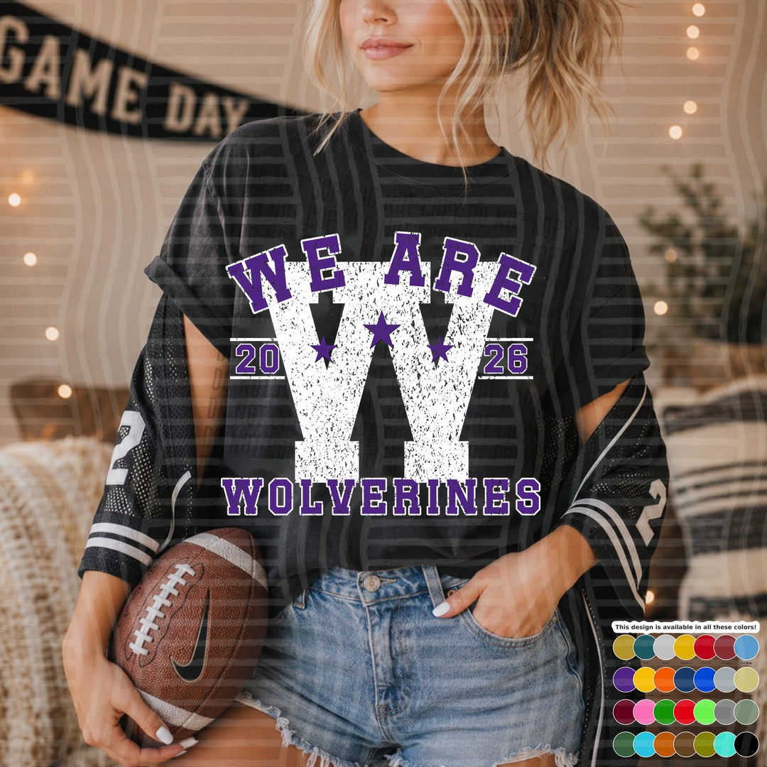 Wolverines Purple Varsity Initials White Outline DTF transfer mockup