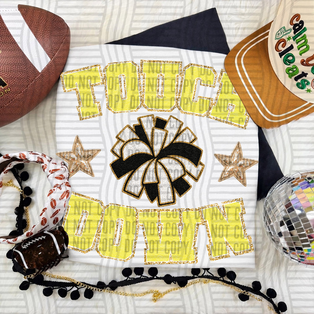 Yellow Touchdown Faux Chenille Cheer DTF transfer