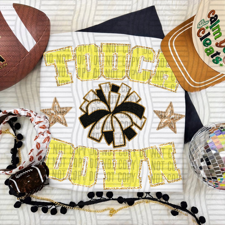 Yellow Touchdown Faux Chenille Cheer DTF transfer