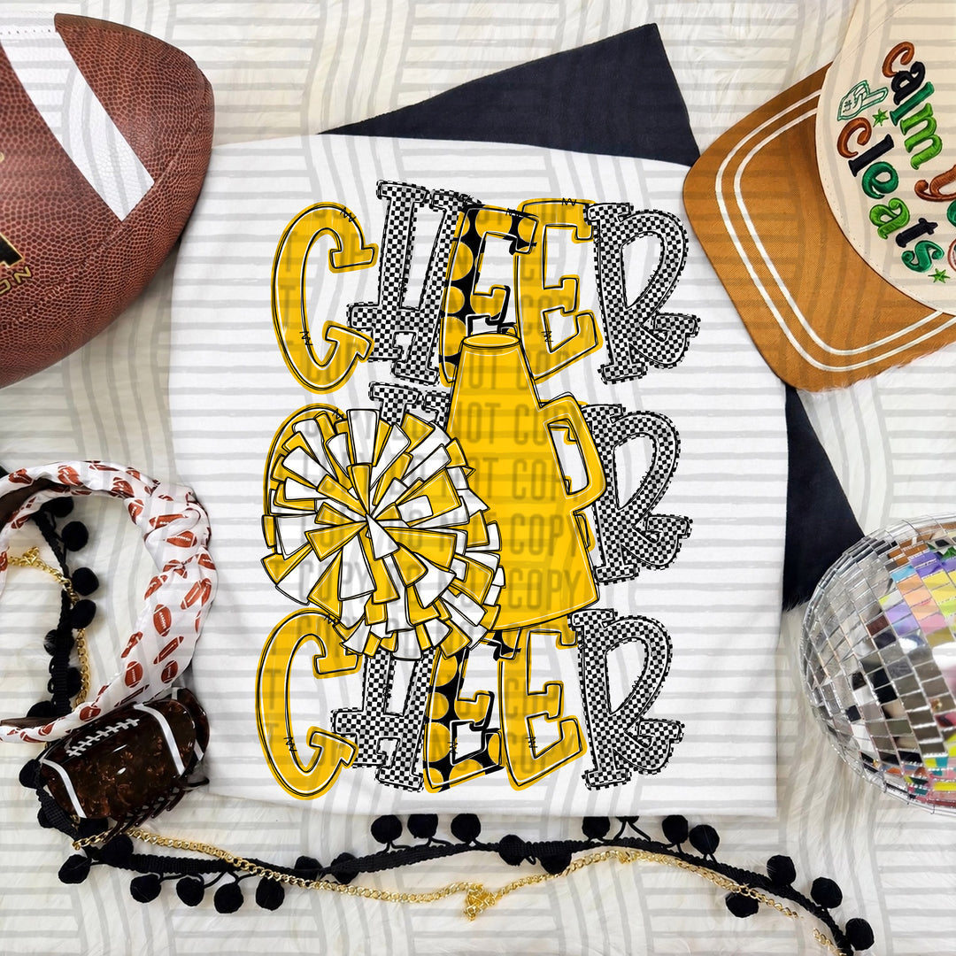 Yellow Tri Stacked Cheer DTF transfer on a white tee
