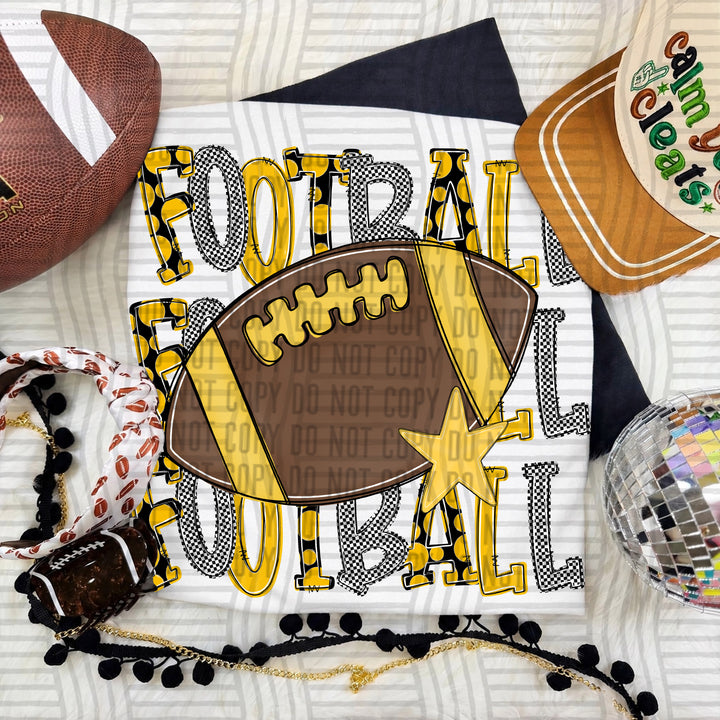 Yellow Tri Stacked Football DTF transfer on a white tee