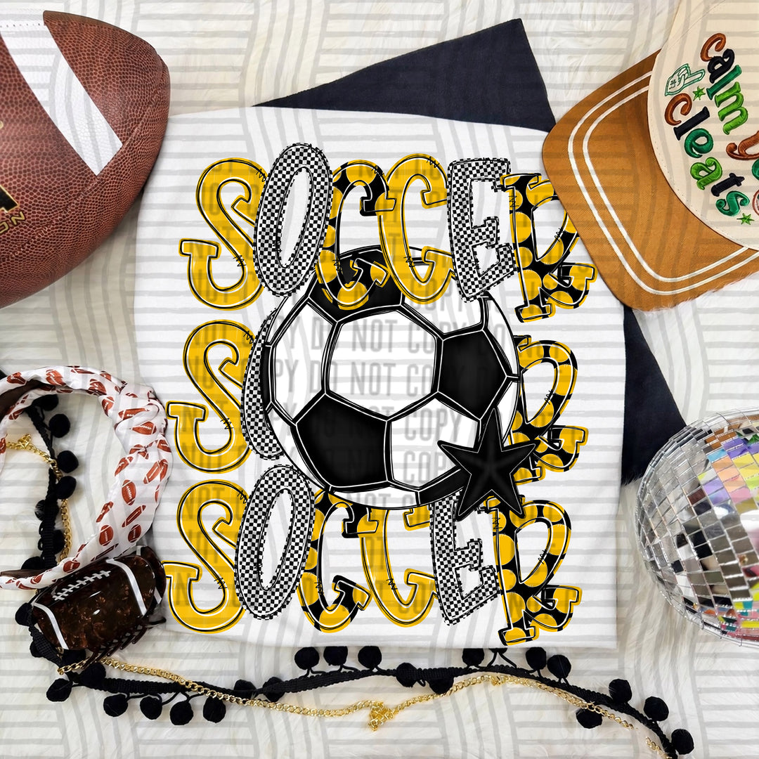 Yellow Tri Stacked Soccer DTF transfer on a white tee
