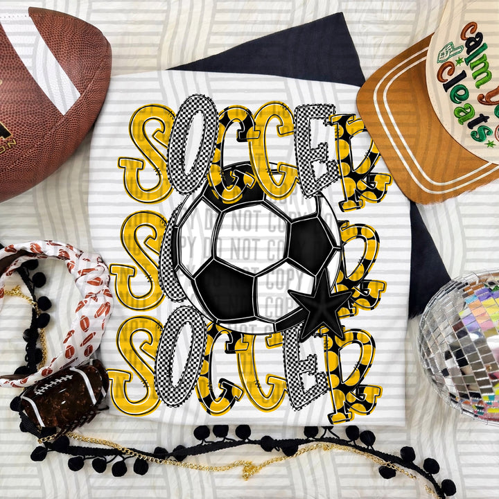 Yellow Tri Stacked Soccer DTF transfer on a white tee