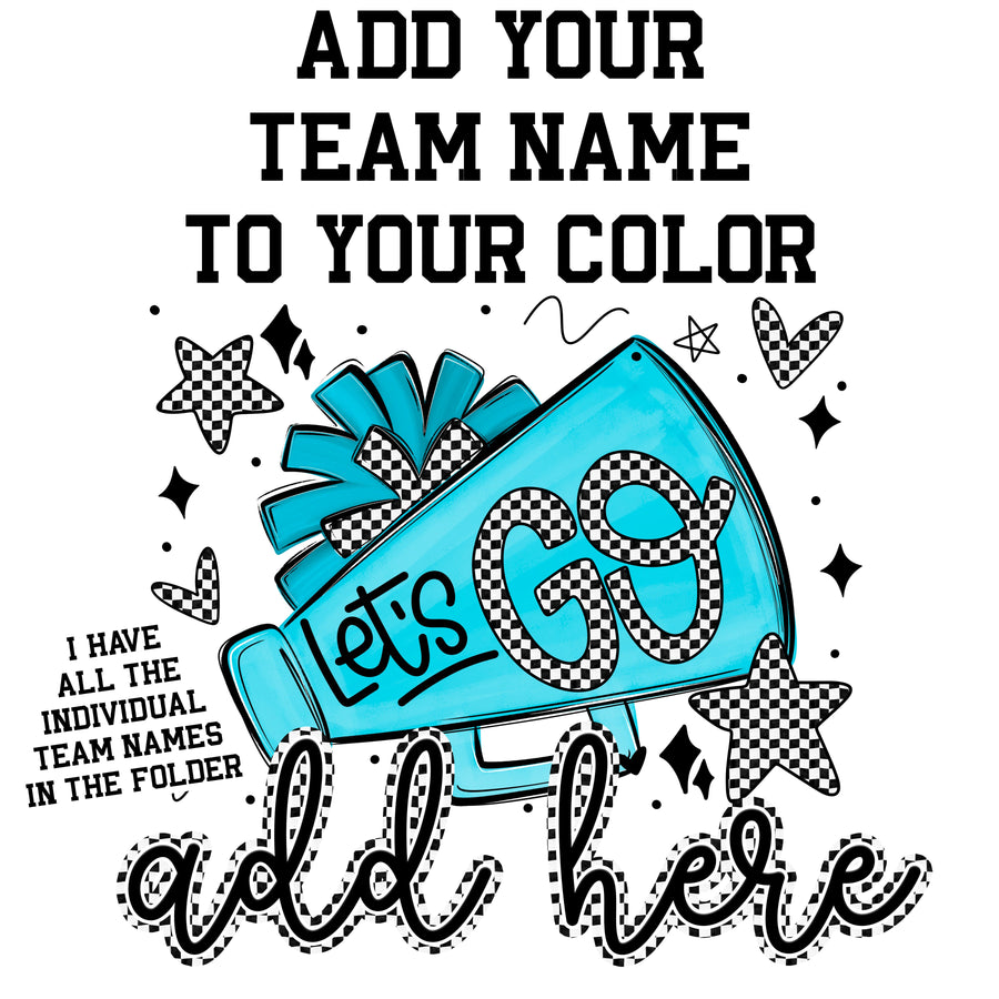 Lets Go Cheer DTF transfer shown with team name added