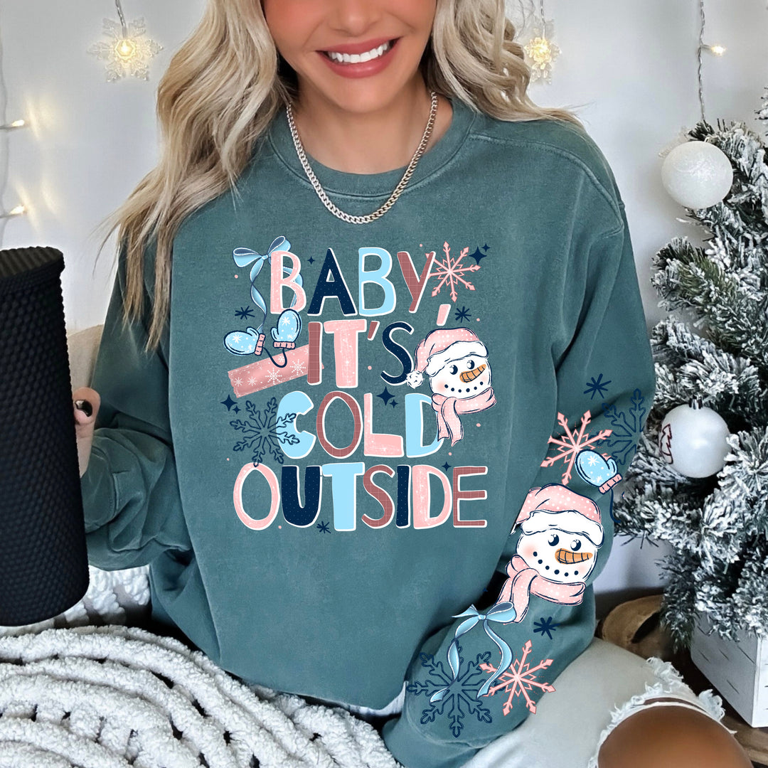 Baby It's Cold Outside Pink Snowman front and sleeve DTF transfers – mockup