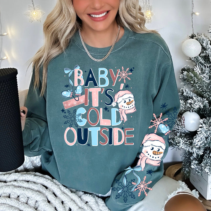 Baby It's Cold Outside Pink Snowman front and sleeve DTF transfers – mockup