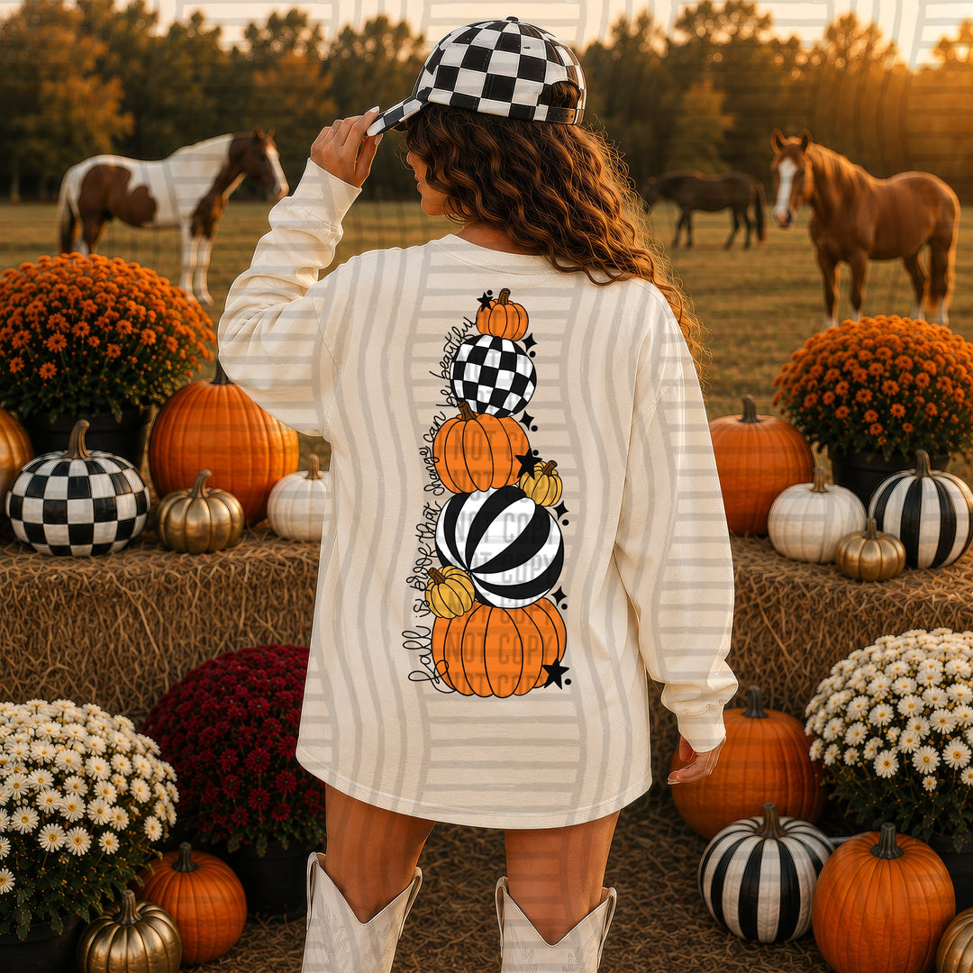Fall Is Proof Pumpkin Stack Back DTF transfer pressed on a tee