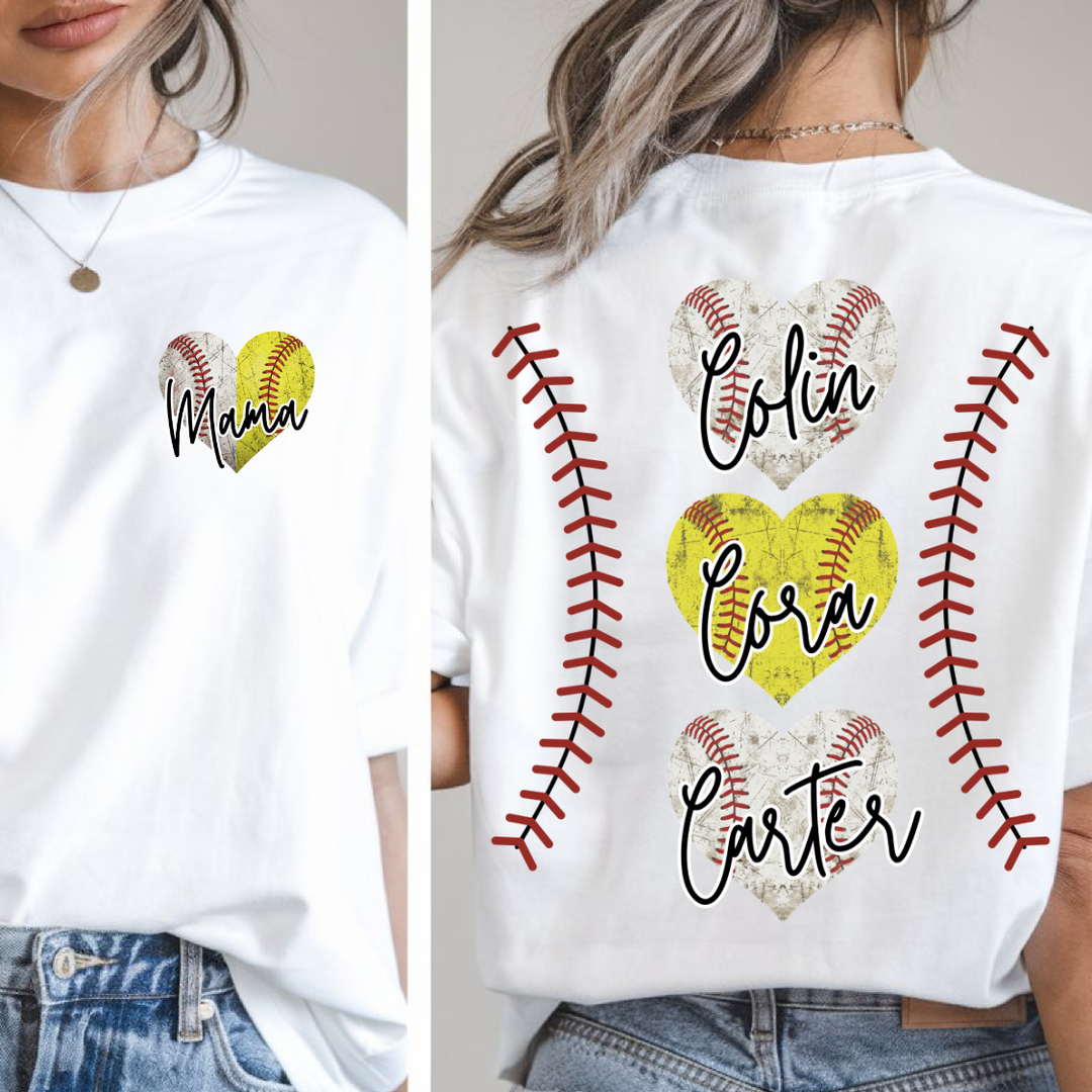 Baseball Softball Mama Distressed Hearts customizable DTF transfer
