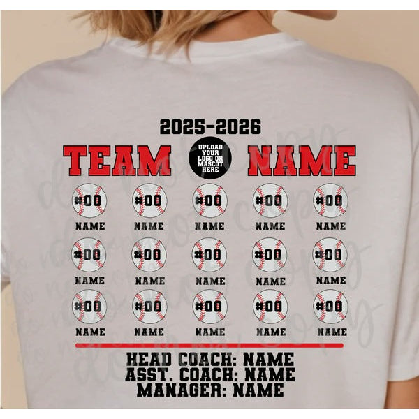Baseball Team Roster 2 customizable DTF transfer