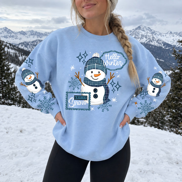 Hello Winter Blue Snowman front and sleeve DTF transfers – mockup