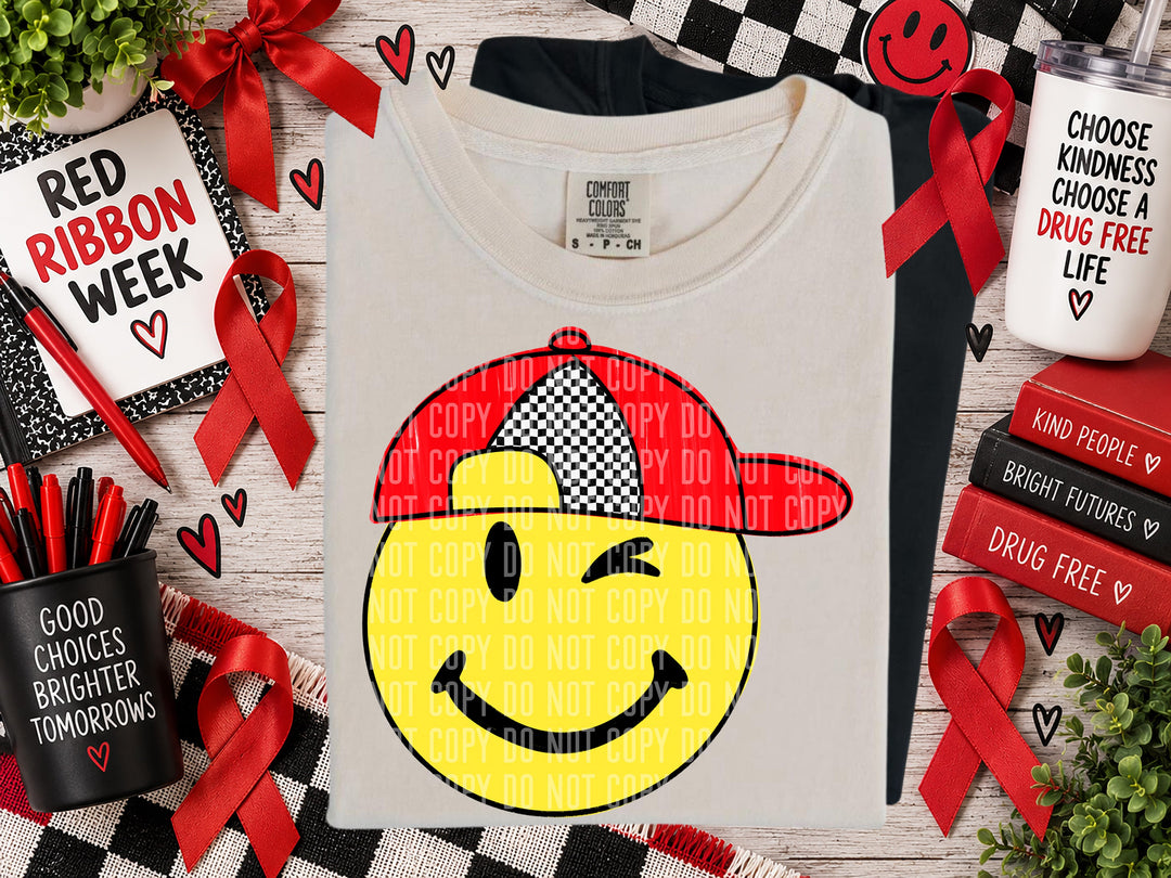 Drug Free Smiley Boy DTF transfer pressed on a tee