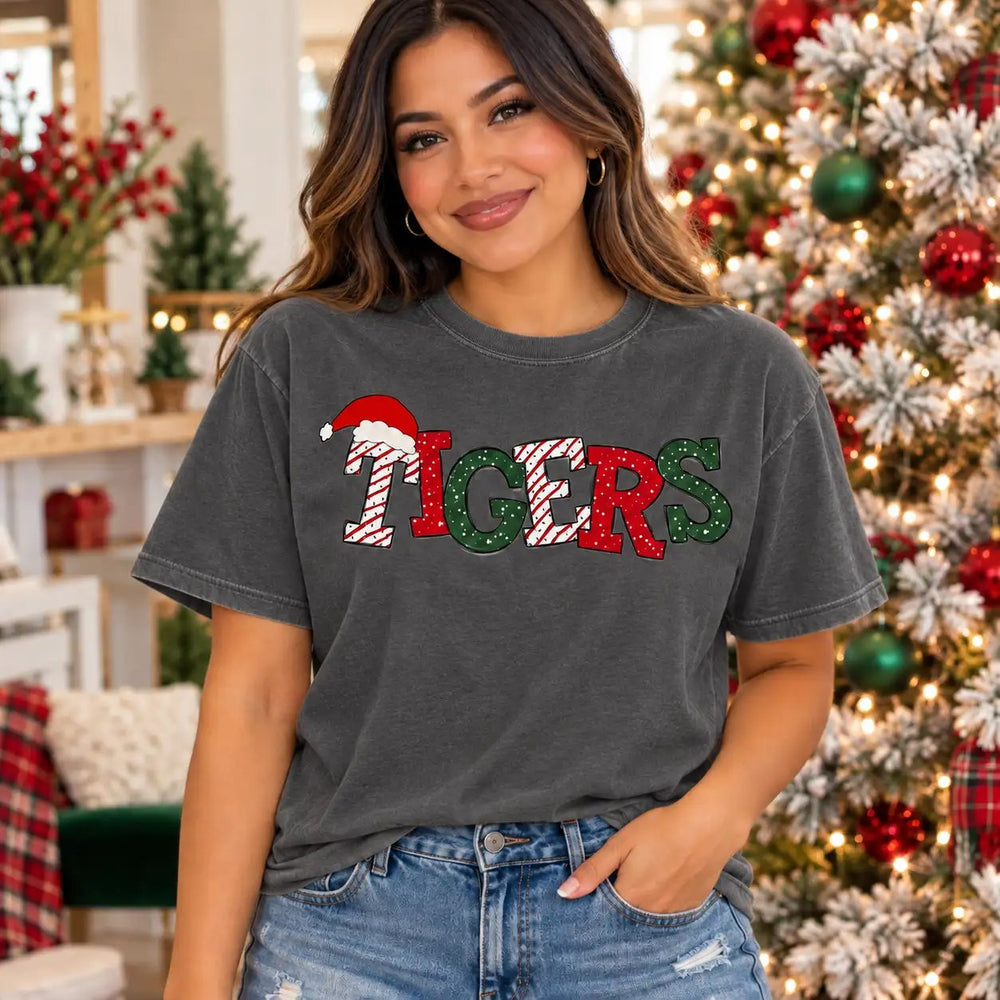 TIGERS Christmas Cake Mascots design with Santa hat on a charcoal tee