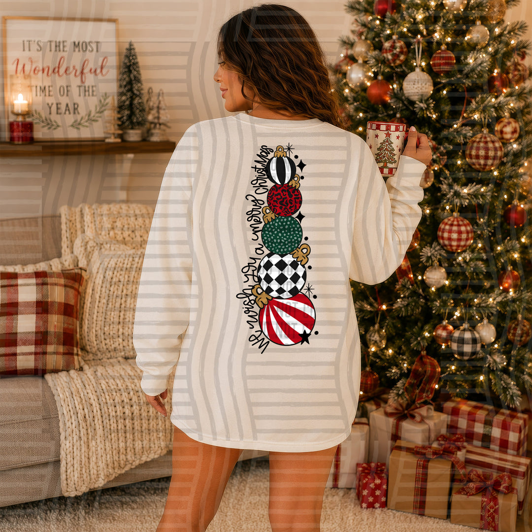We Wish You A Merry Christmas Ornament Back DTF transfer pressed on a tee